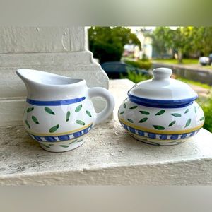 Williams-Sonoma Tournesol Italy Sugar Bowl w/Lid & Creamer Blue Green Yellow EUC